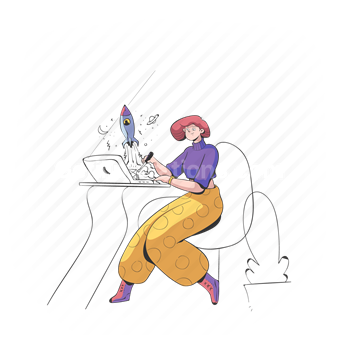 woman, launch, start up, laptop, desk, rocket